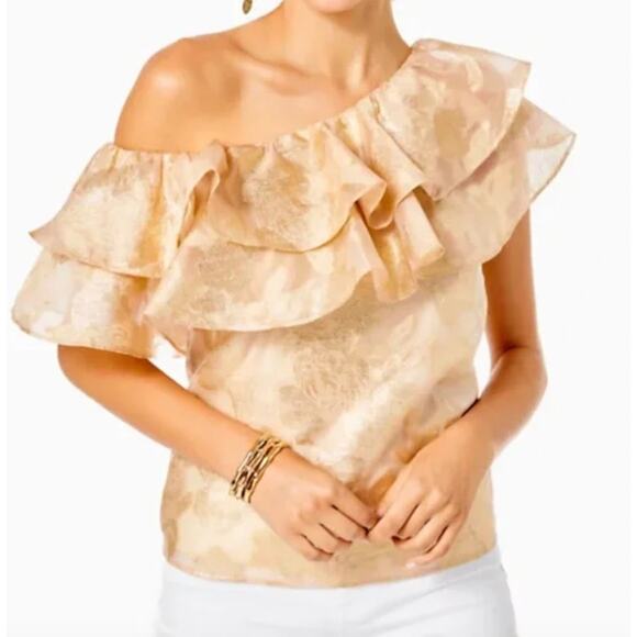 Lilly Pulitzer Tops - LILLY PULTIZER NWT Trixie One Shoulder Gold Organza Brocade Blouse // XS